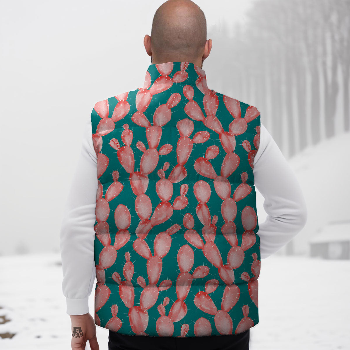 Pink Cactus Print Pattern Down Vest-grizzshop