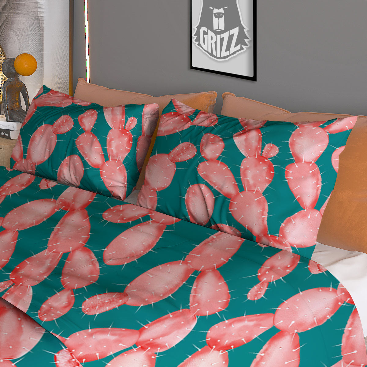 Pink Cactus Print Pattern Duvet Cover Bedding Set
