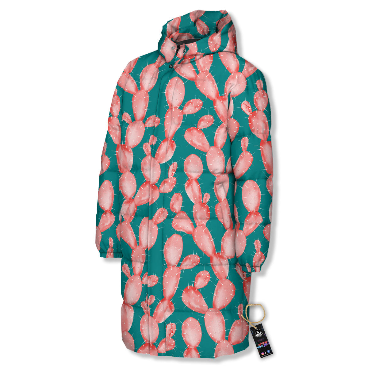 Pink Cactus Print Pattern Long Down Jacket-grizzshop