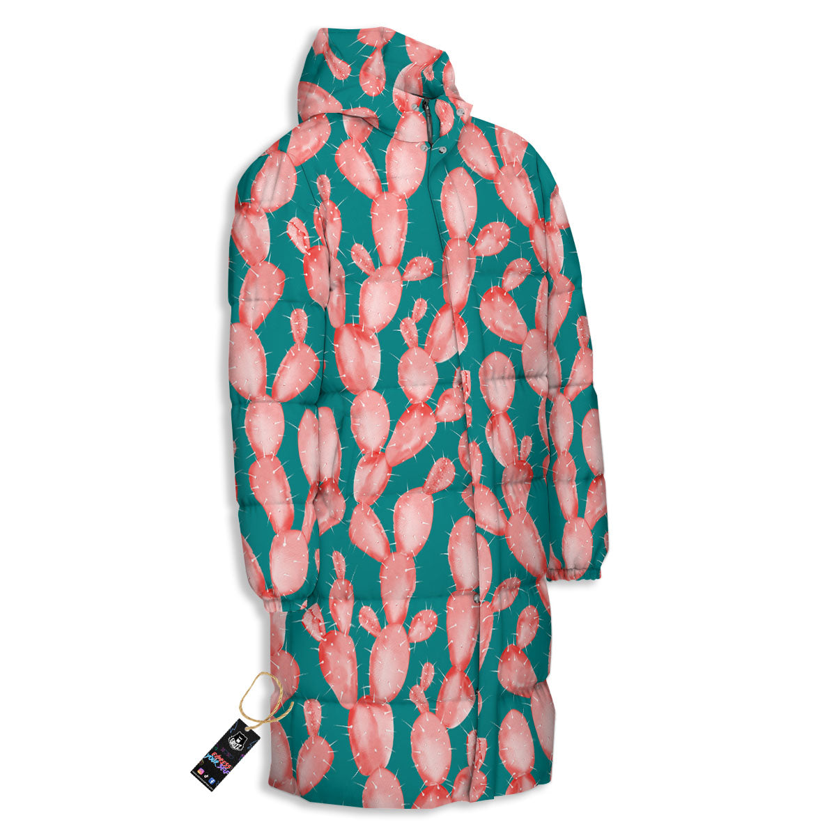Pink Cactus Print Pattern Long Down Jacket-grizzshop