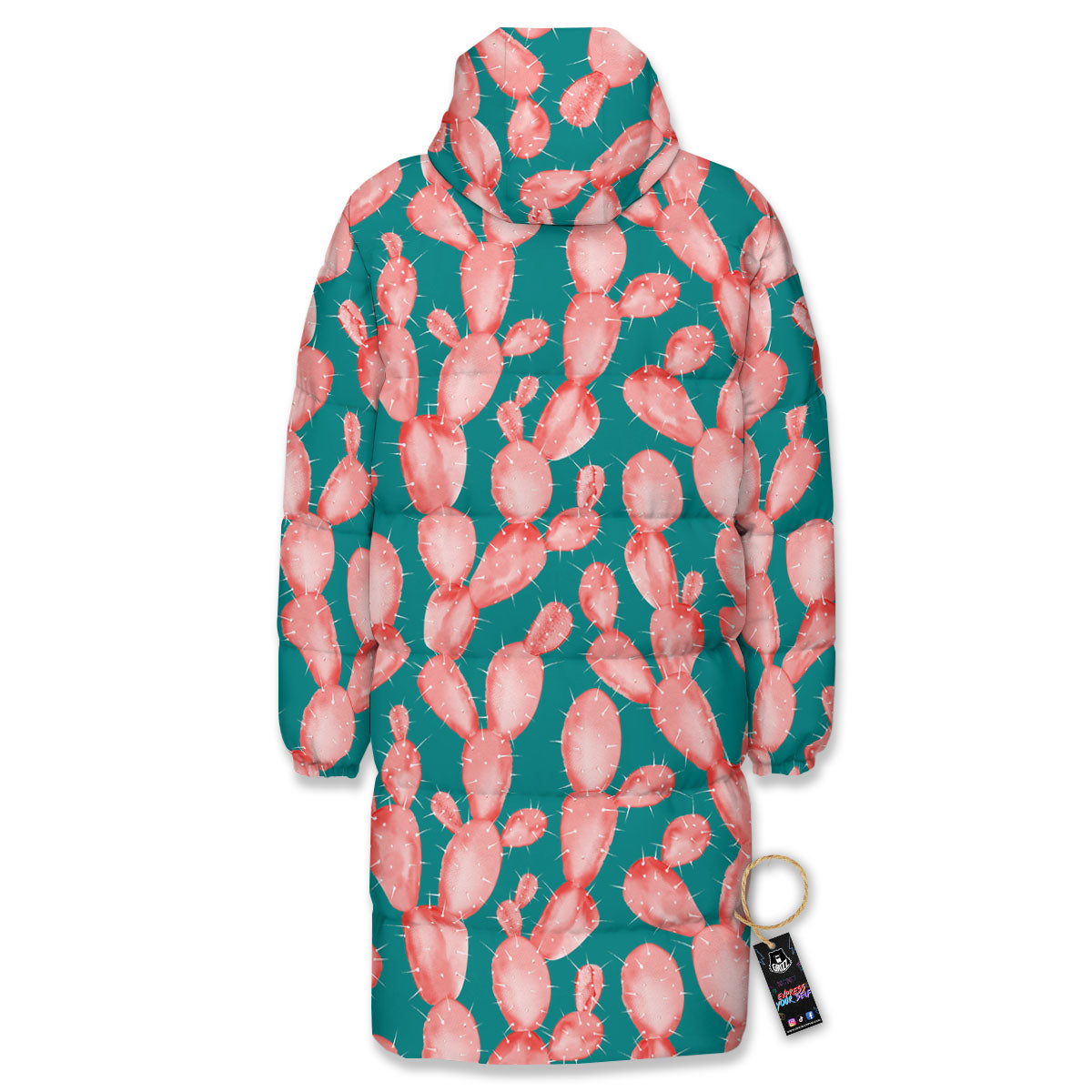 Pink Cactus Print Pattern Long Down Jacket-grizzshop
