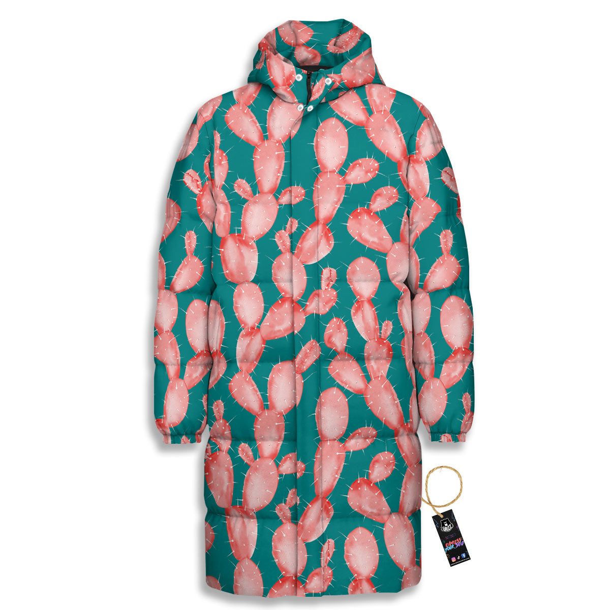 Pink Cactus Print Pattern Long Down Jacket-grizzshop