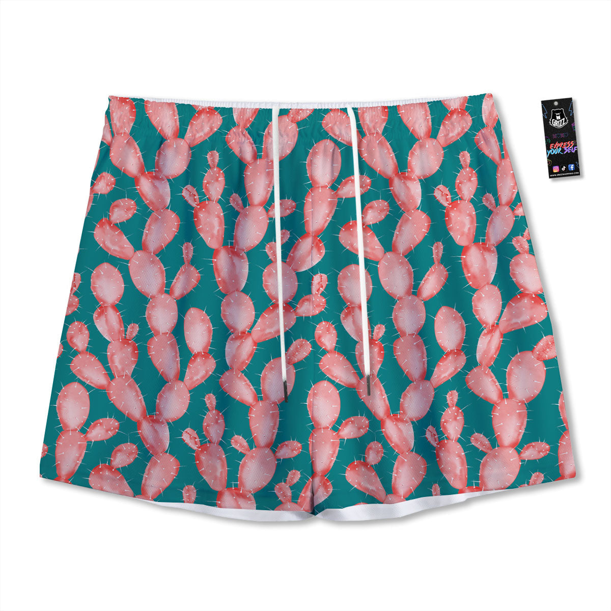 Pink Cactus Print Pattern Mesh Shorts-grizzshop