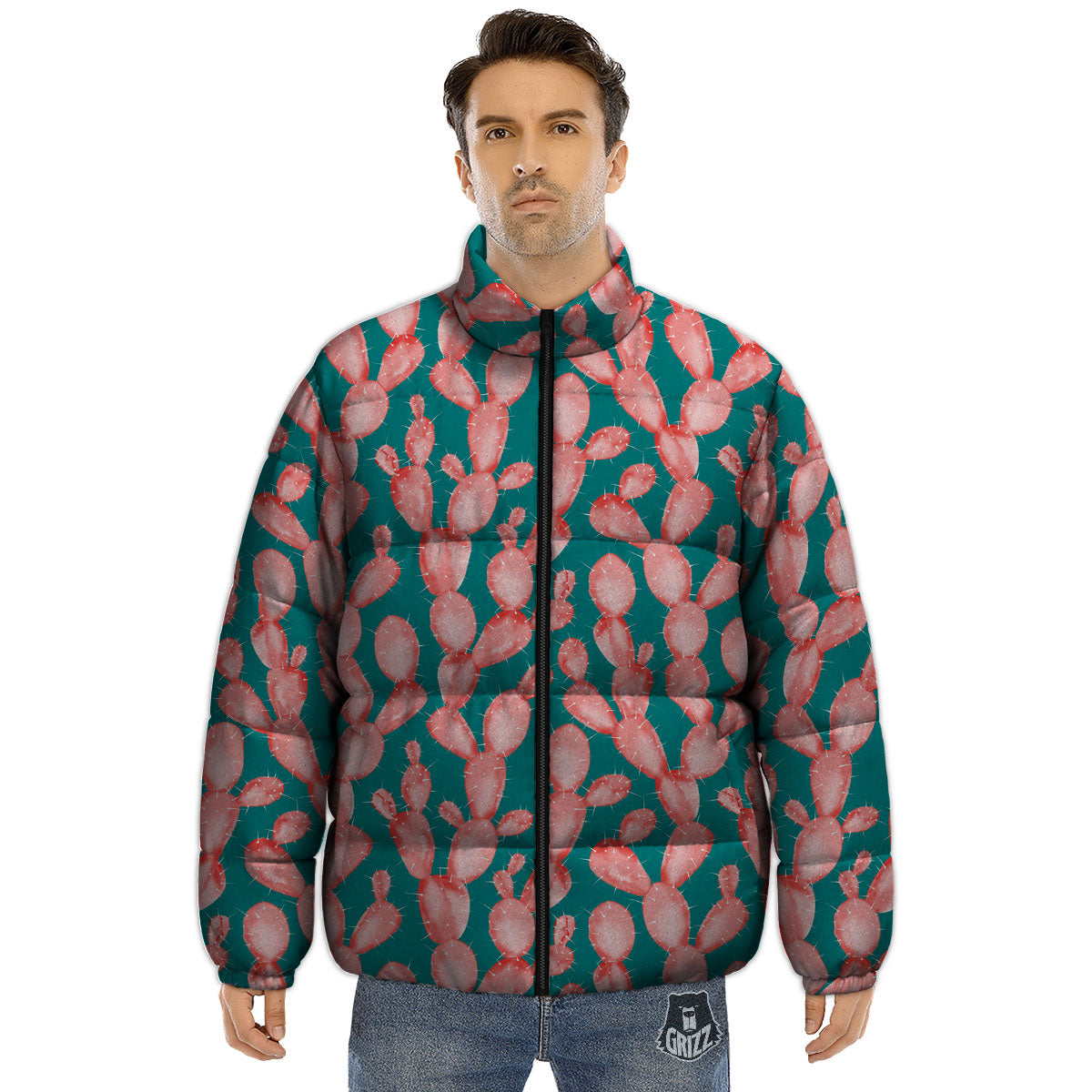 Pink Cactus Print Pattern Puffer Jacket-grizzshop