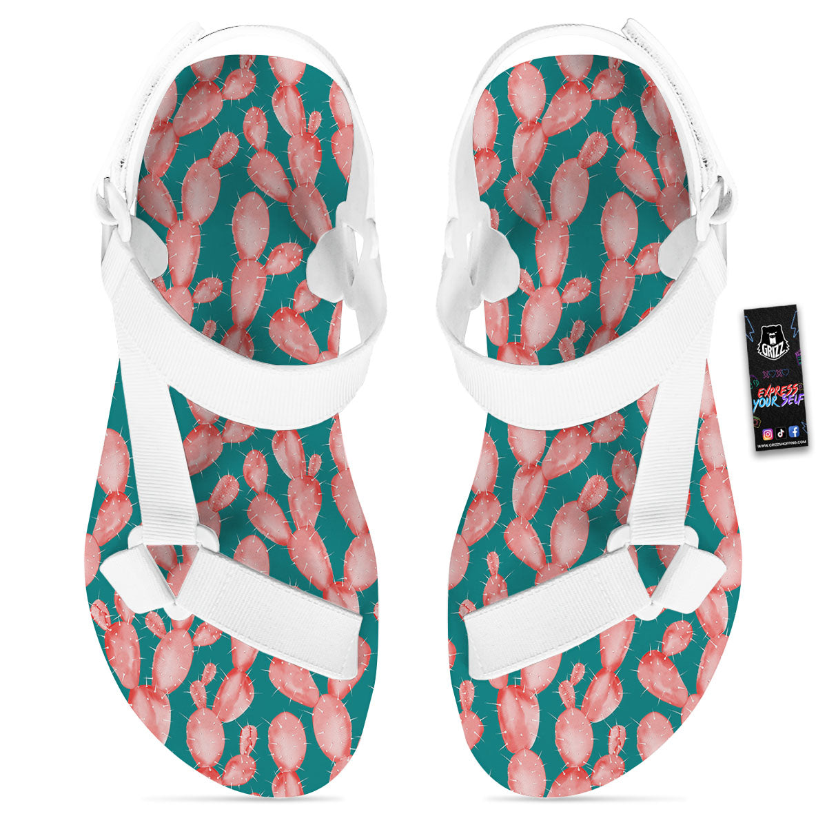 Pink Cactus Print Pattern White Open Toe Sandals-grizzshop