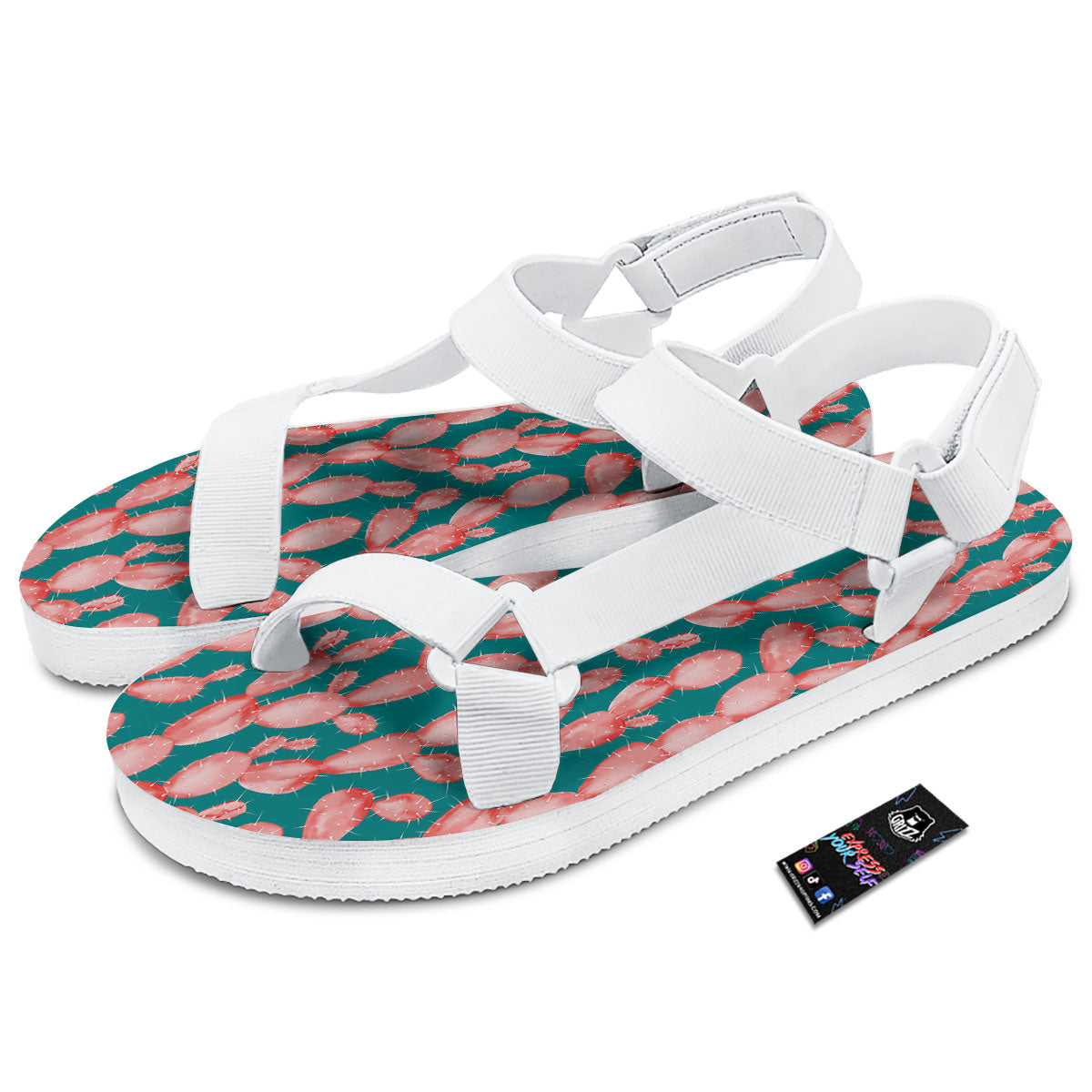 Pink Cactus Print Pattern White Open Toe Sandals-grizzshop