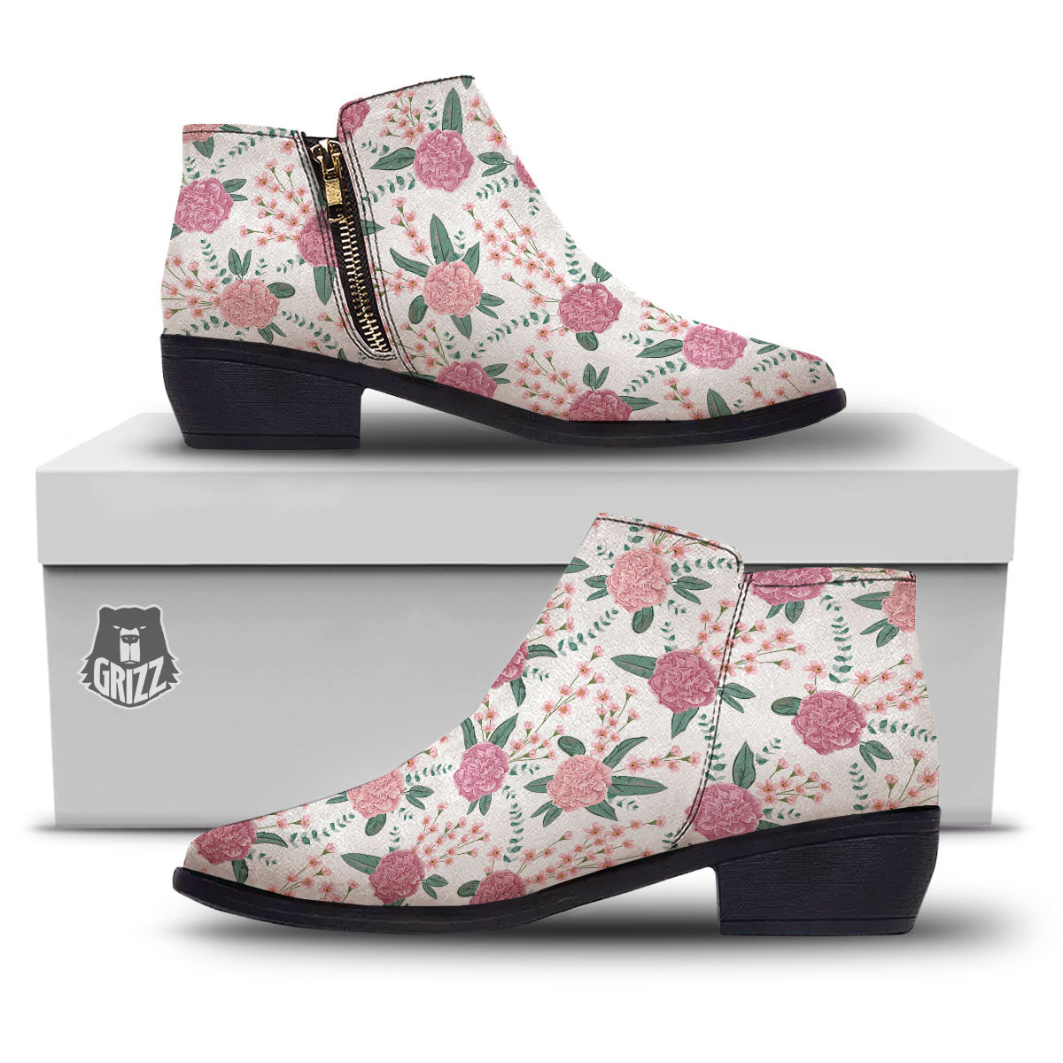 Pink Carnation White Print Pattern Ankle Boots-grizzshop
