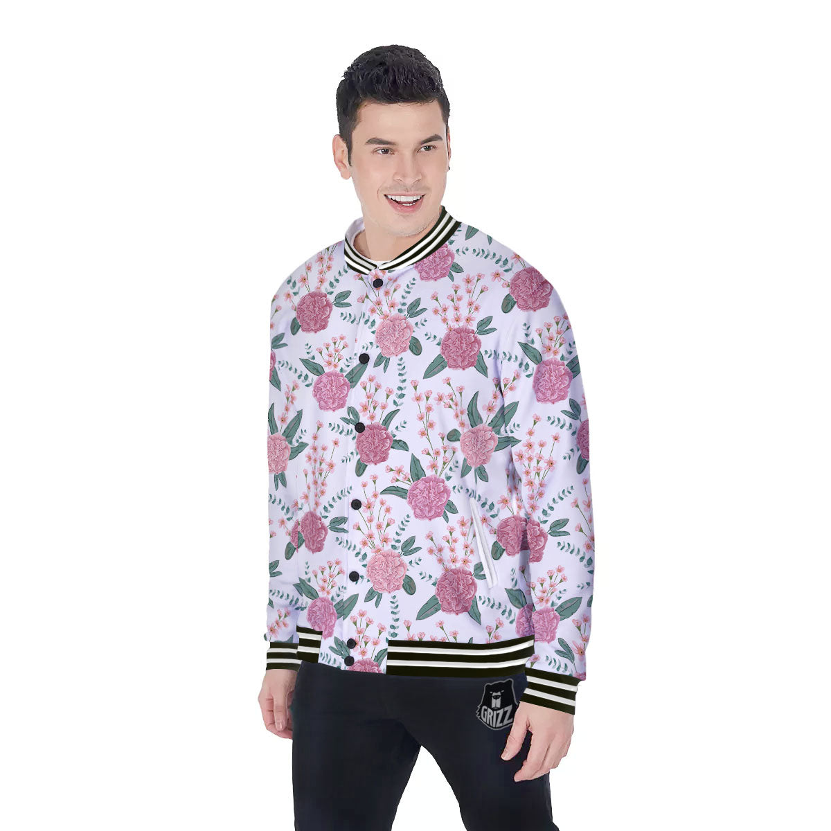 Pink Carnation White Print Pattern Baseball Jacket-grizzshop