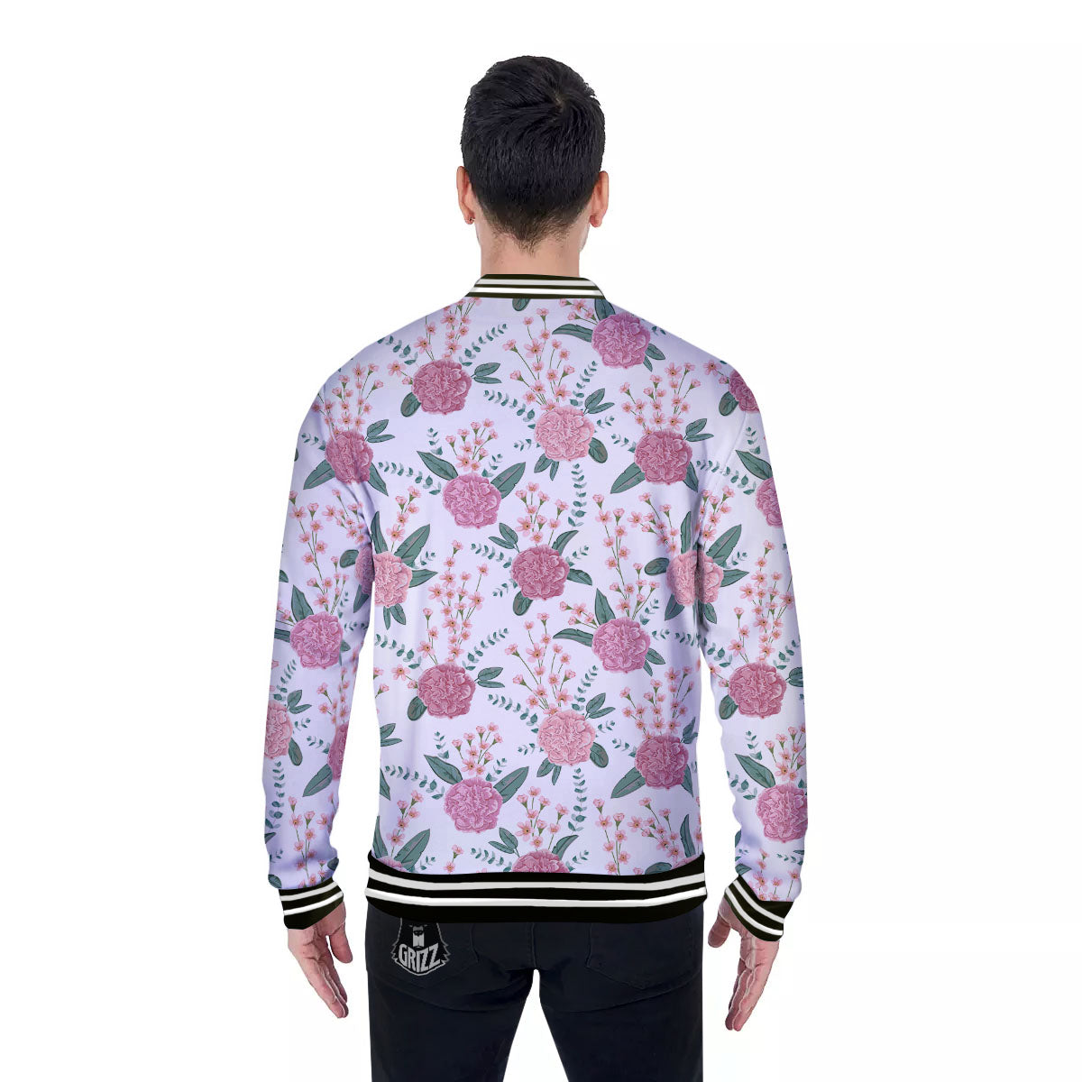 Pink Carnation White Print Pattern Baseball Jacket-grizzshop