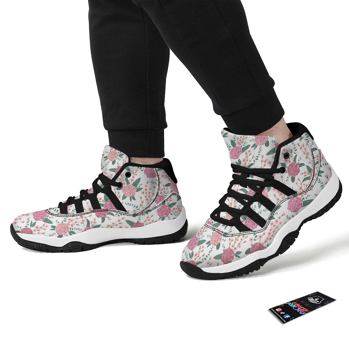 Pink Carnation White Print Pattern Black Bball Shoes-grizzshop