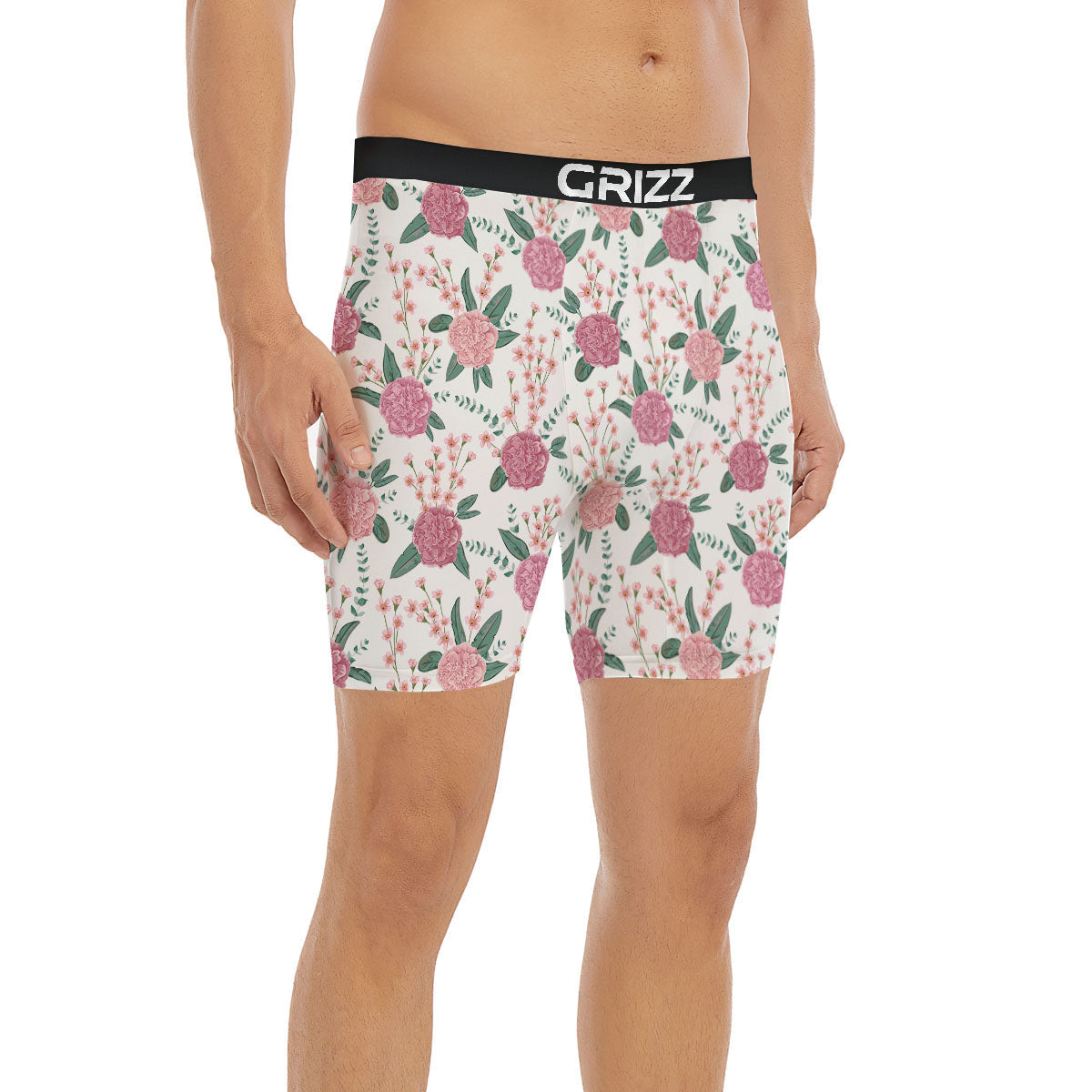 Pink Carnation White Print Pattern Boxer Briefs-grizzshop