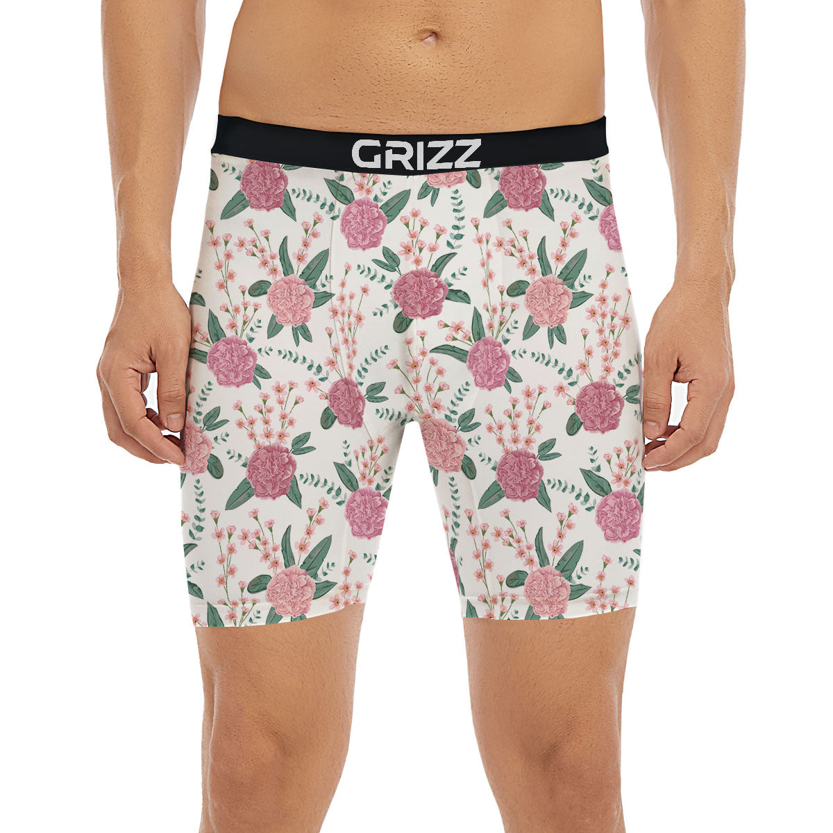 Pink Carnation White Print Pattern Boxer Briefs-grizzshop