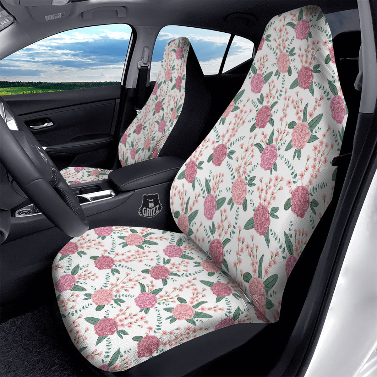 Pink Carnation White Print Pattern Car Seat Covers-grizzshop