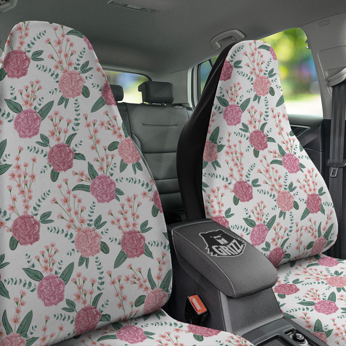 Pink Carnation White Print Pattern Car Seat Covers-grizzshop