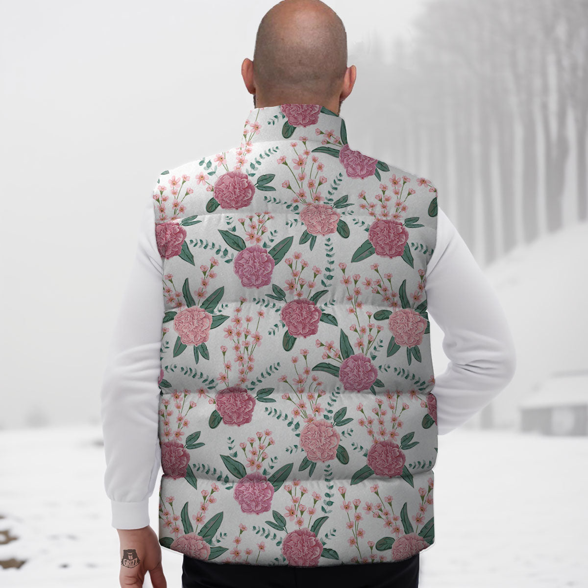 Pink Carnation White Print Pattern Down Vest