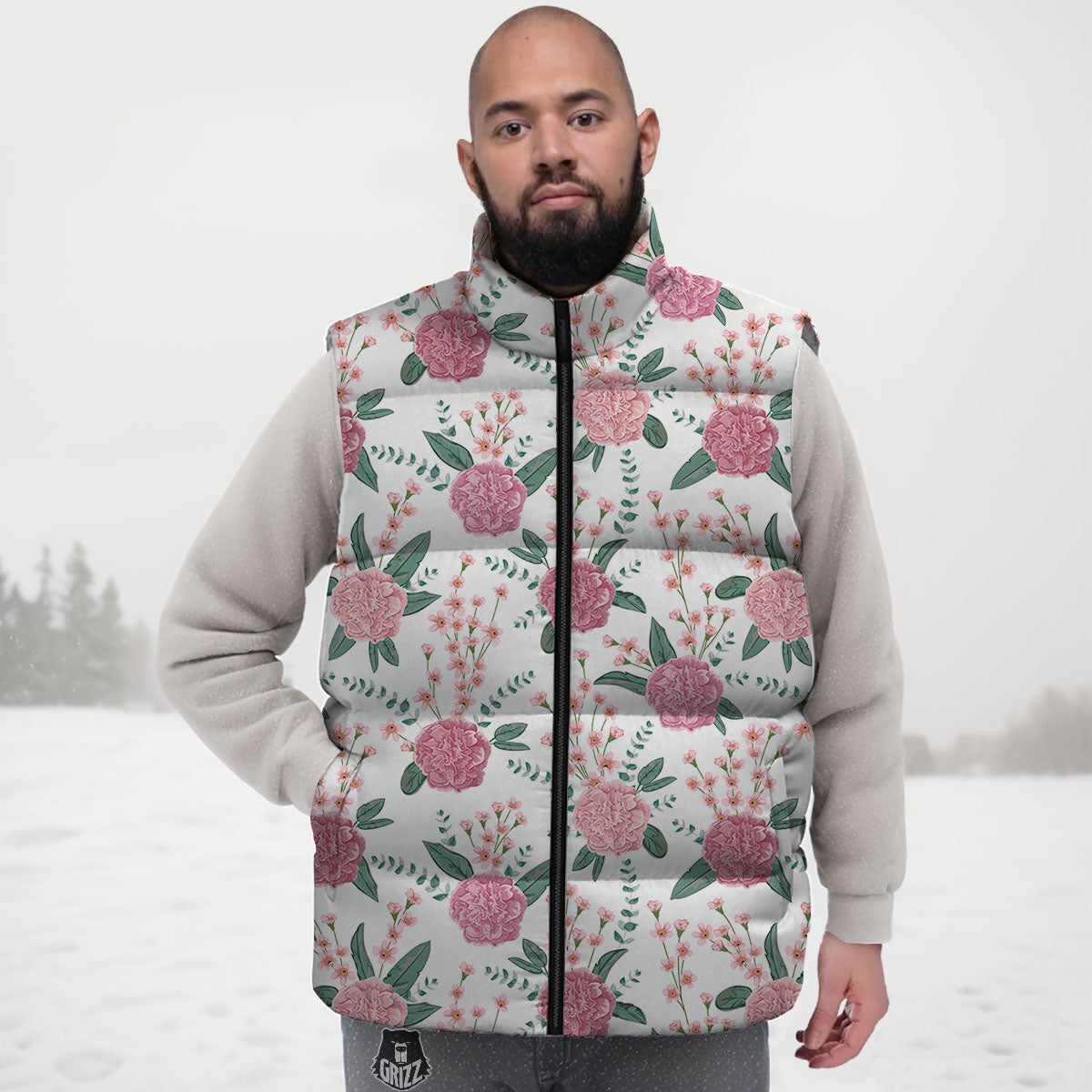 Pink Carnation White Print Pattern Down Vest