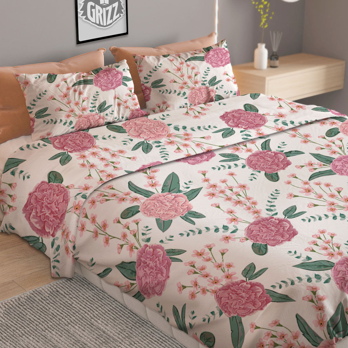 Pink Carnation White Print Pattern Duvet Cover Bedding Set