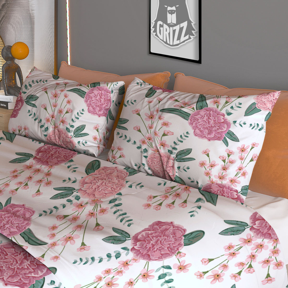 Pink Carnation White Print Pattern Duvet Cover Bedding Set