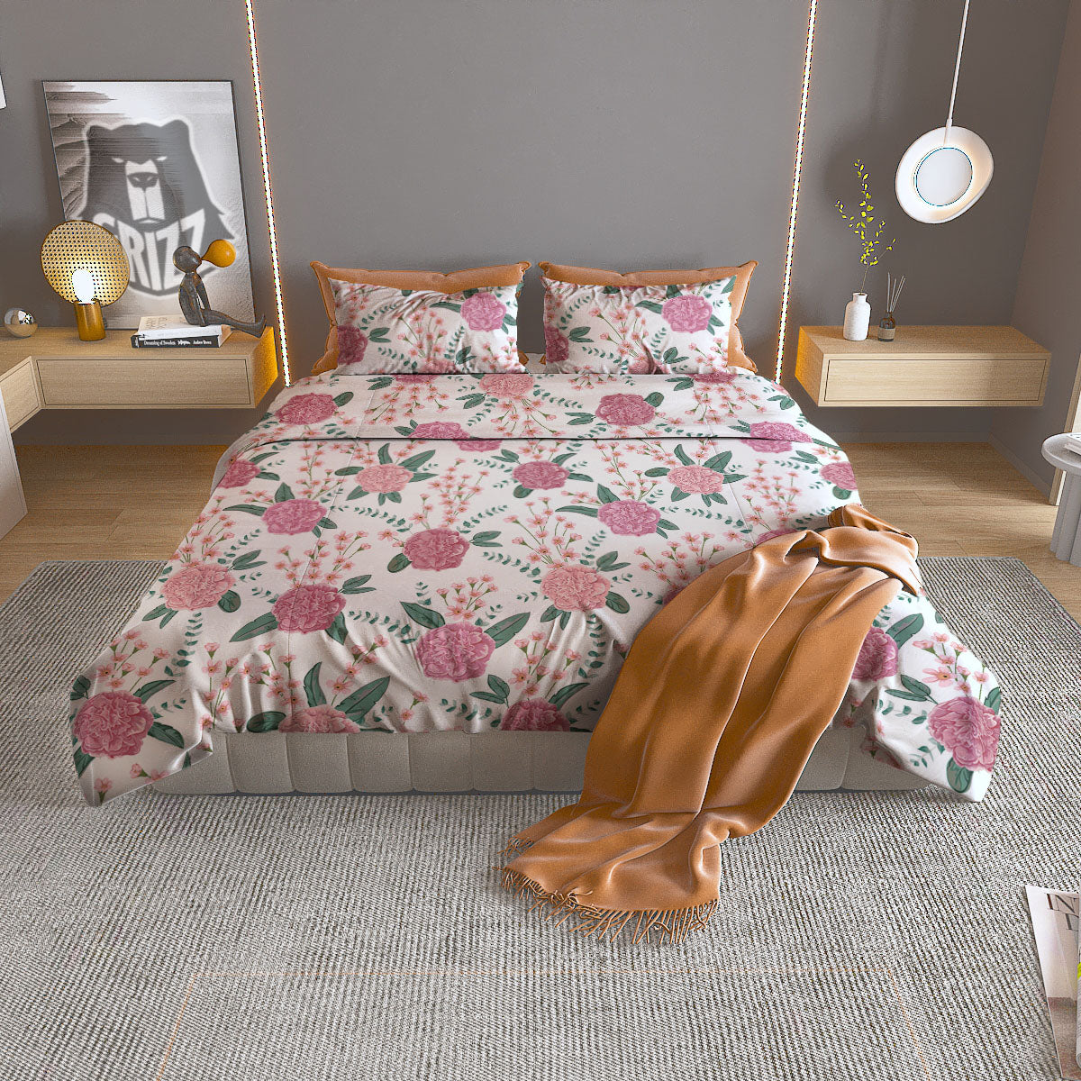 Pink Carnation White Print Pattern Duvet Cover Bedding Set