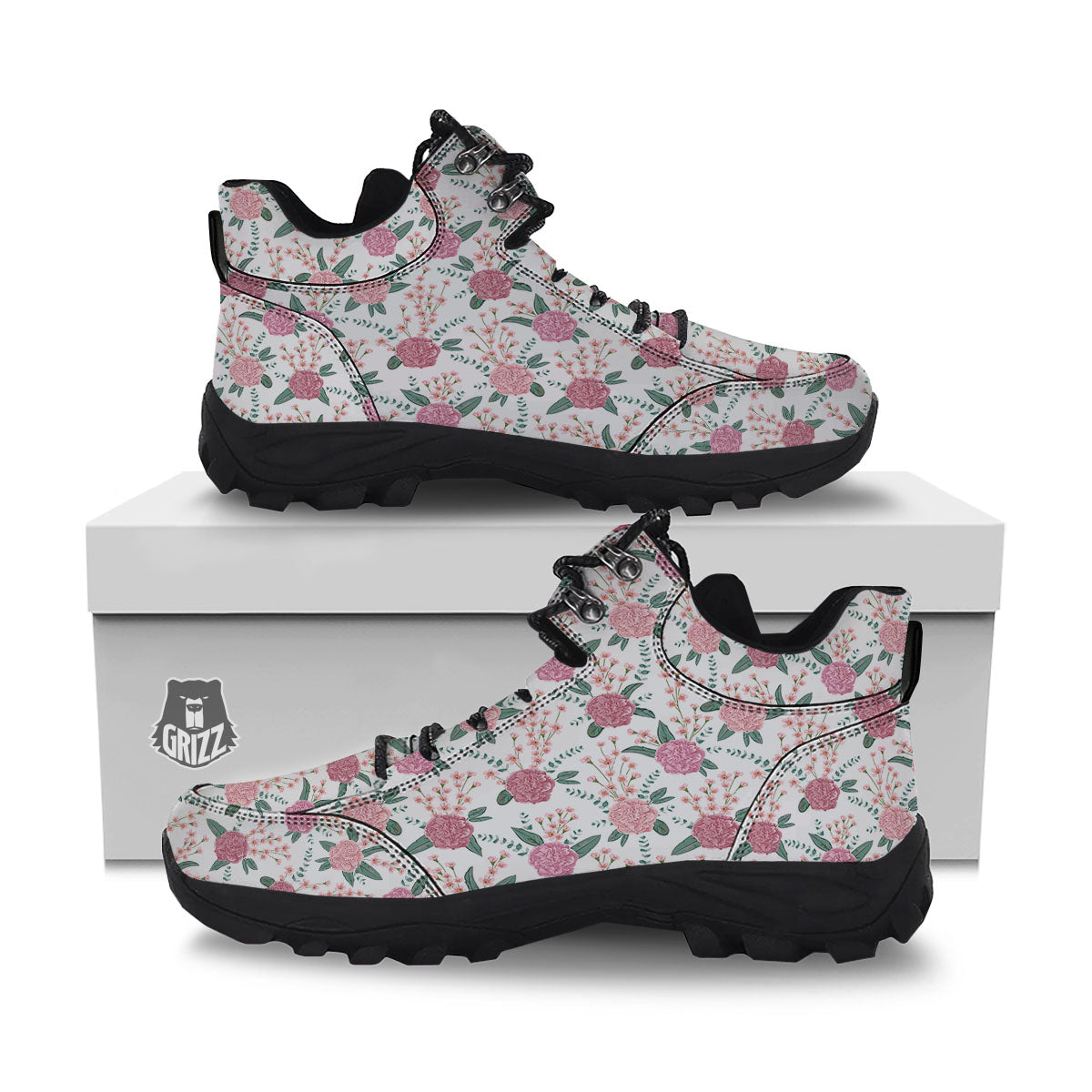 Pink Carnation White Print Pattern Hiking Shoes-grizzshop