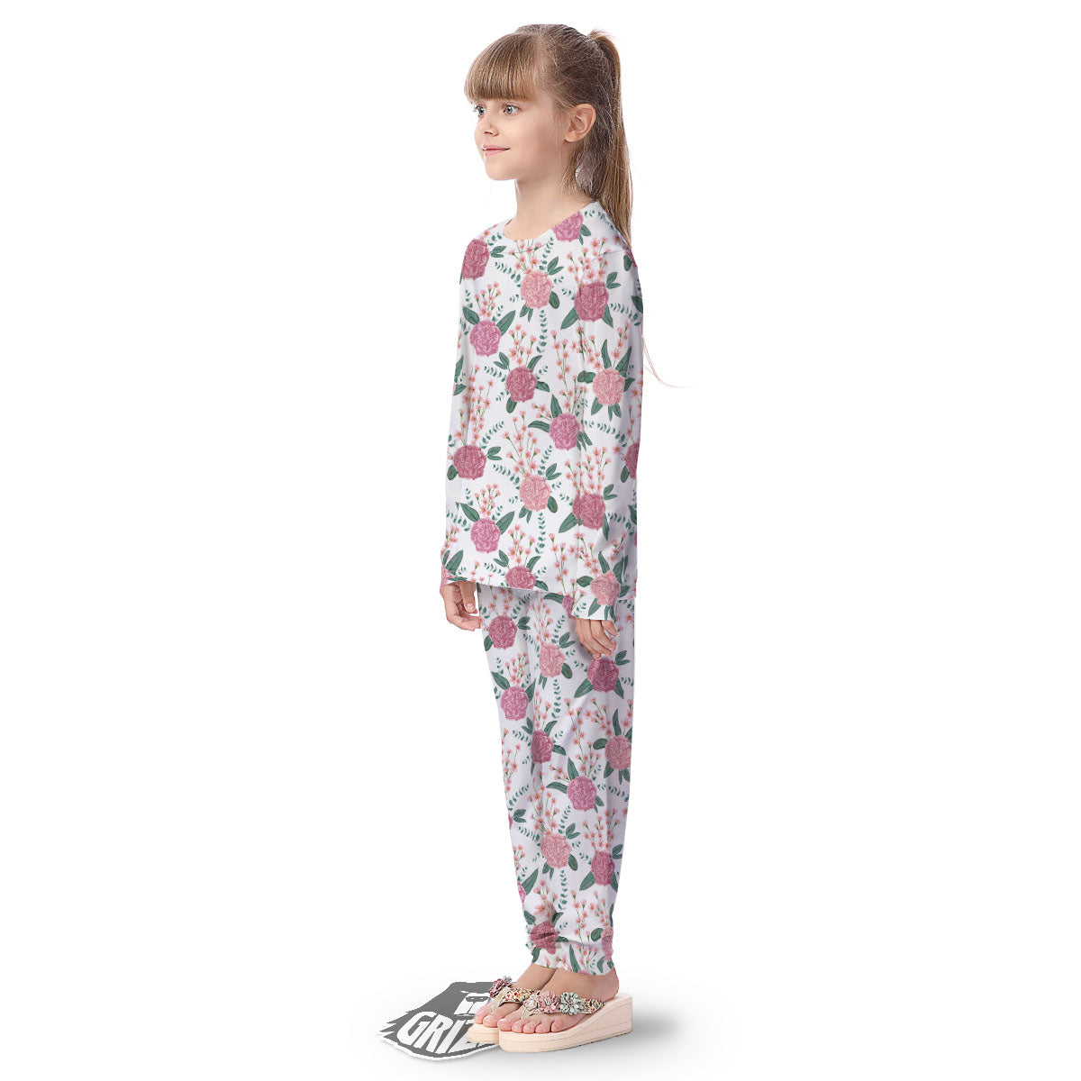 Pink Carnation White Print Pattern Kid's Pajamas-grizzshop