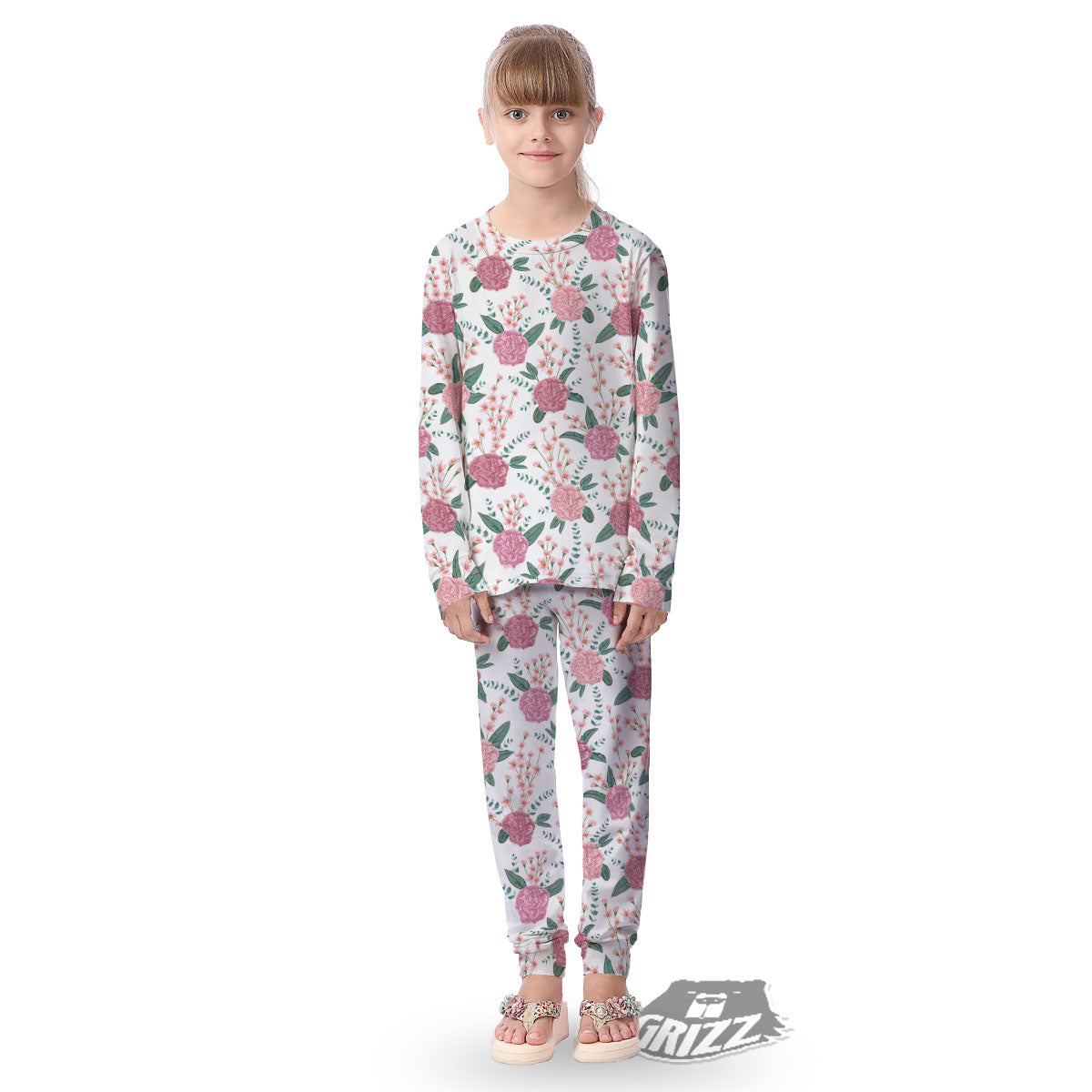 Pink Carnation White Print Pattern Kid's Pajamas-grizzshop