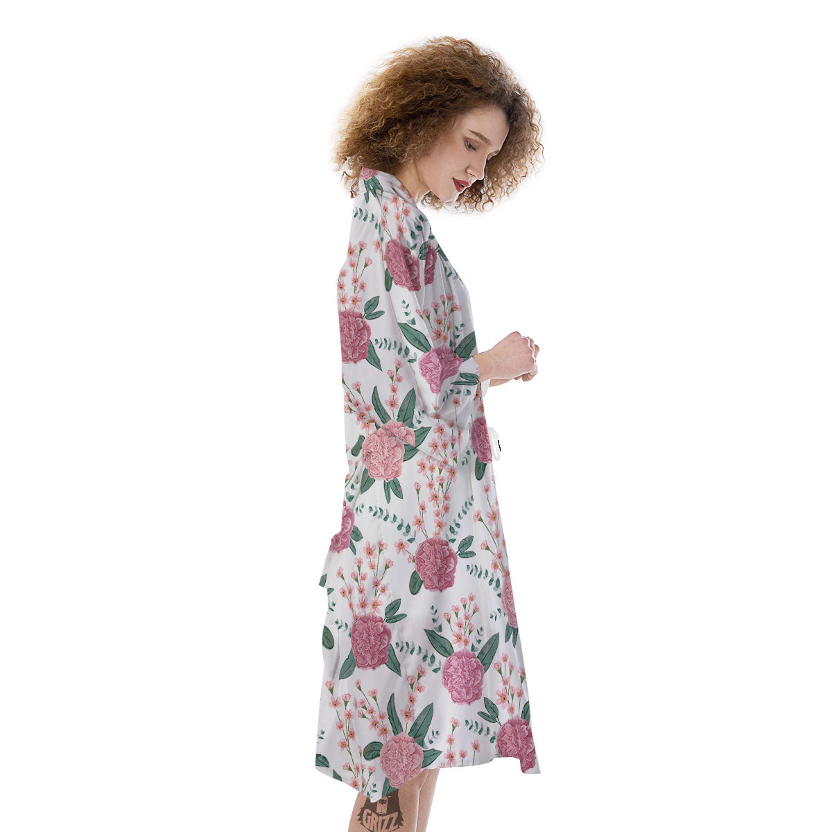 Pink Carnation White Print Pattern Kimono-grizzshop