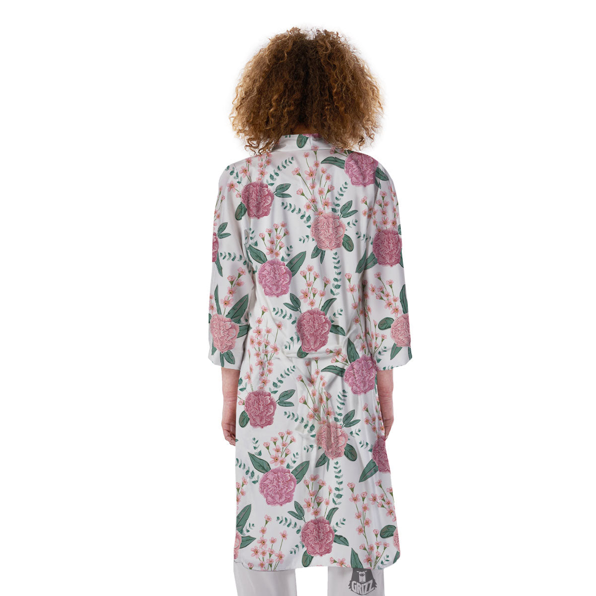 Pink Carnation White Print Pattern Kimono-grizzshop