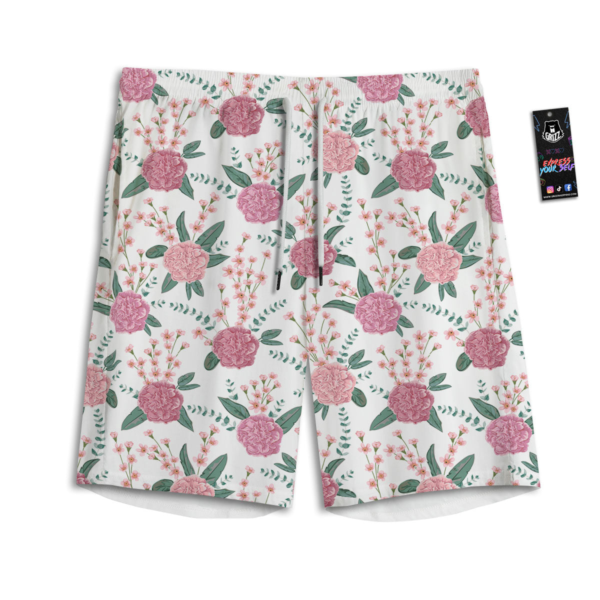 Pink Carnation White Print Pattern Men's Athletic Shorts