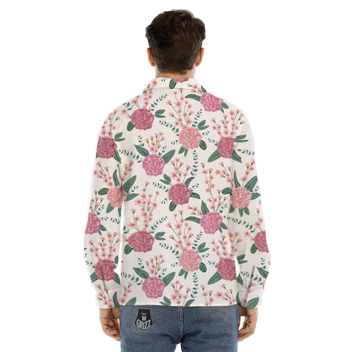 Pink Carnation White Print Pattern Men's Dress Shirts-grizzshop