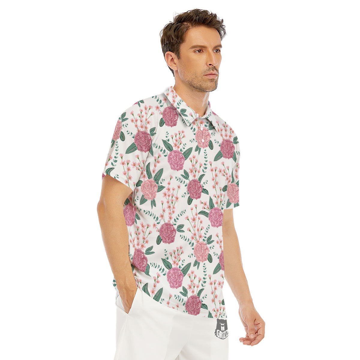 Pink Carnation White Print Pattern Men's Golf Shirts-grizzshop
