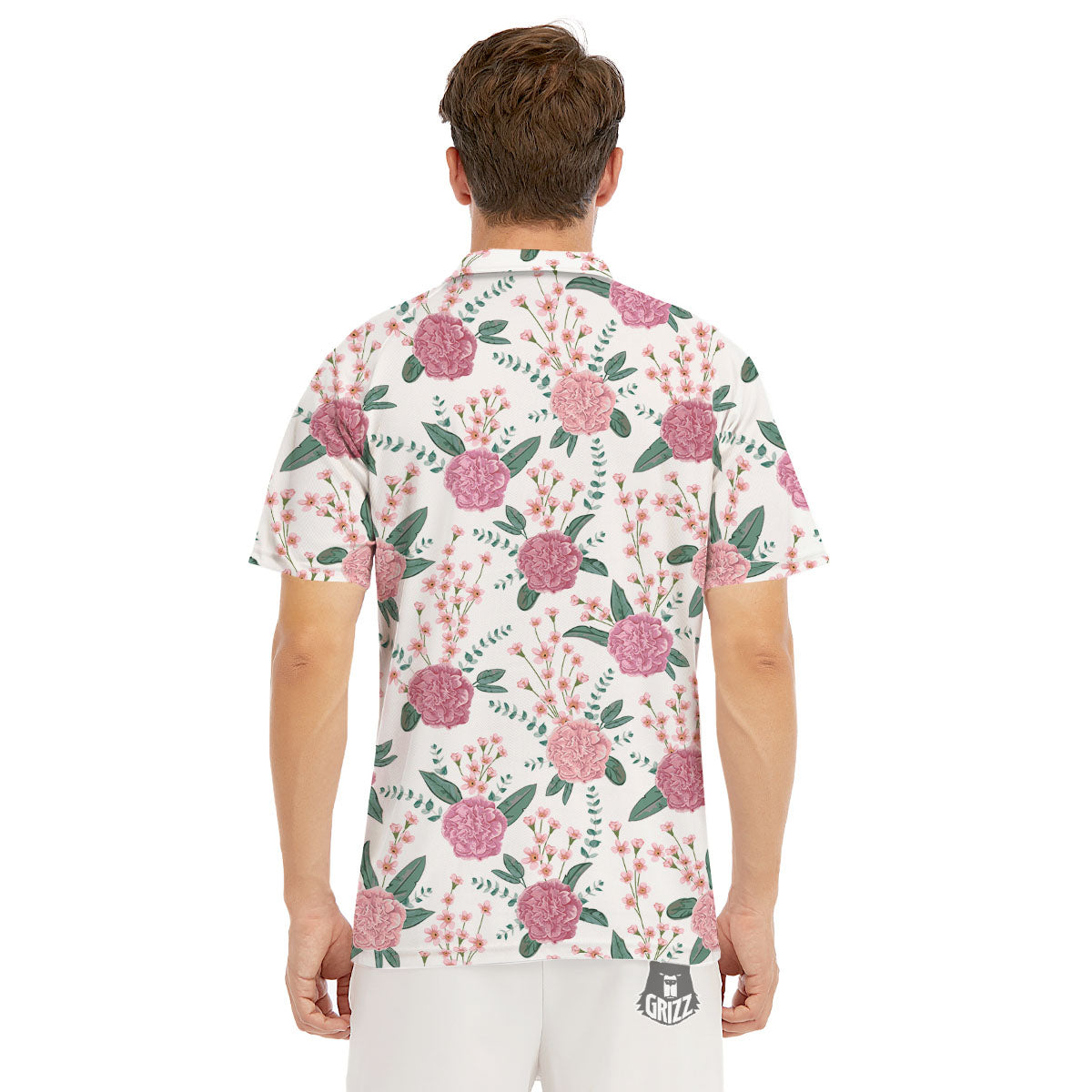 Pink Carnation White Print Pattern Men's Golf Shirts-grizzshop