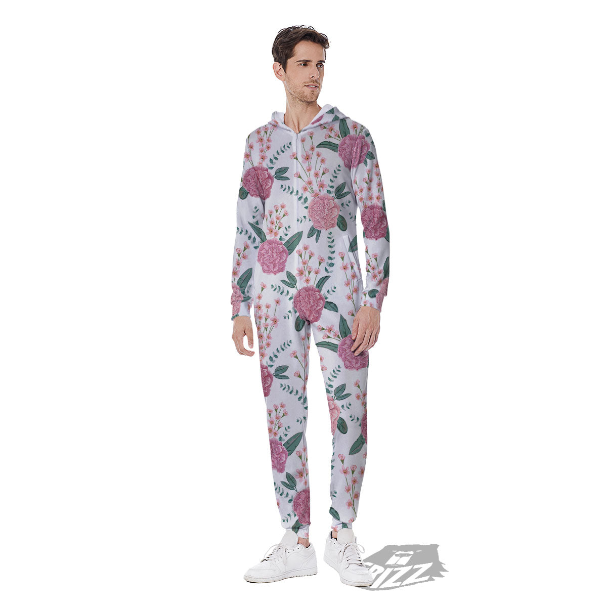 Pink Carnation White Print Pattern Men's Jumpsuit-grizzshop