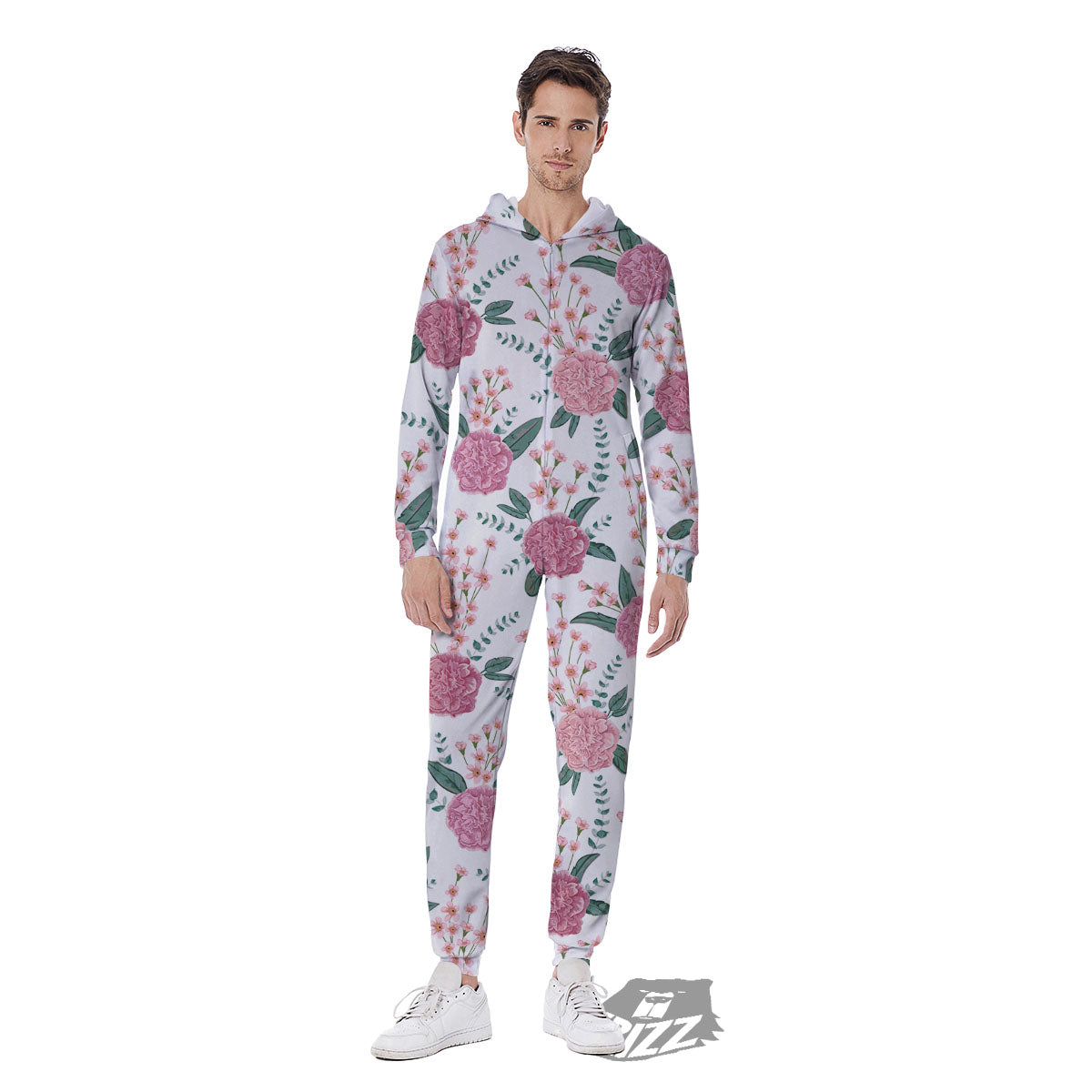 Pink Carnation White Print Pattern Men's Jumpsuit-grizzshop