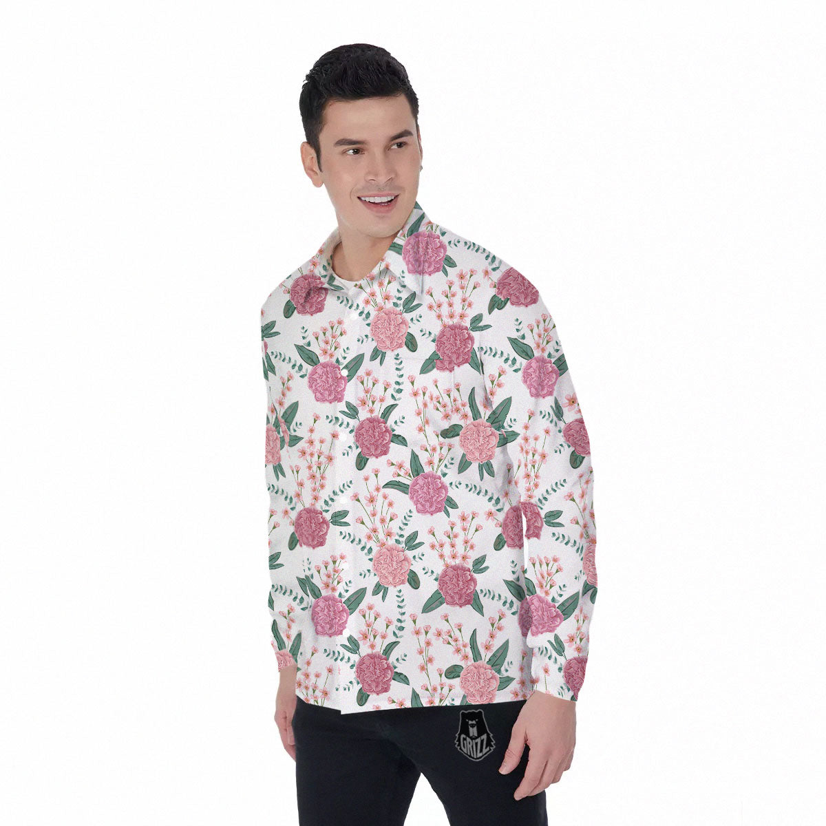 Pink Carnation White Print Pattern Men's Long Sleeve Shirts-grizzshop