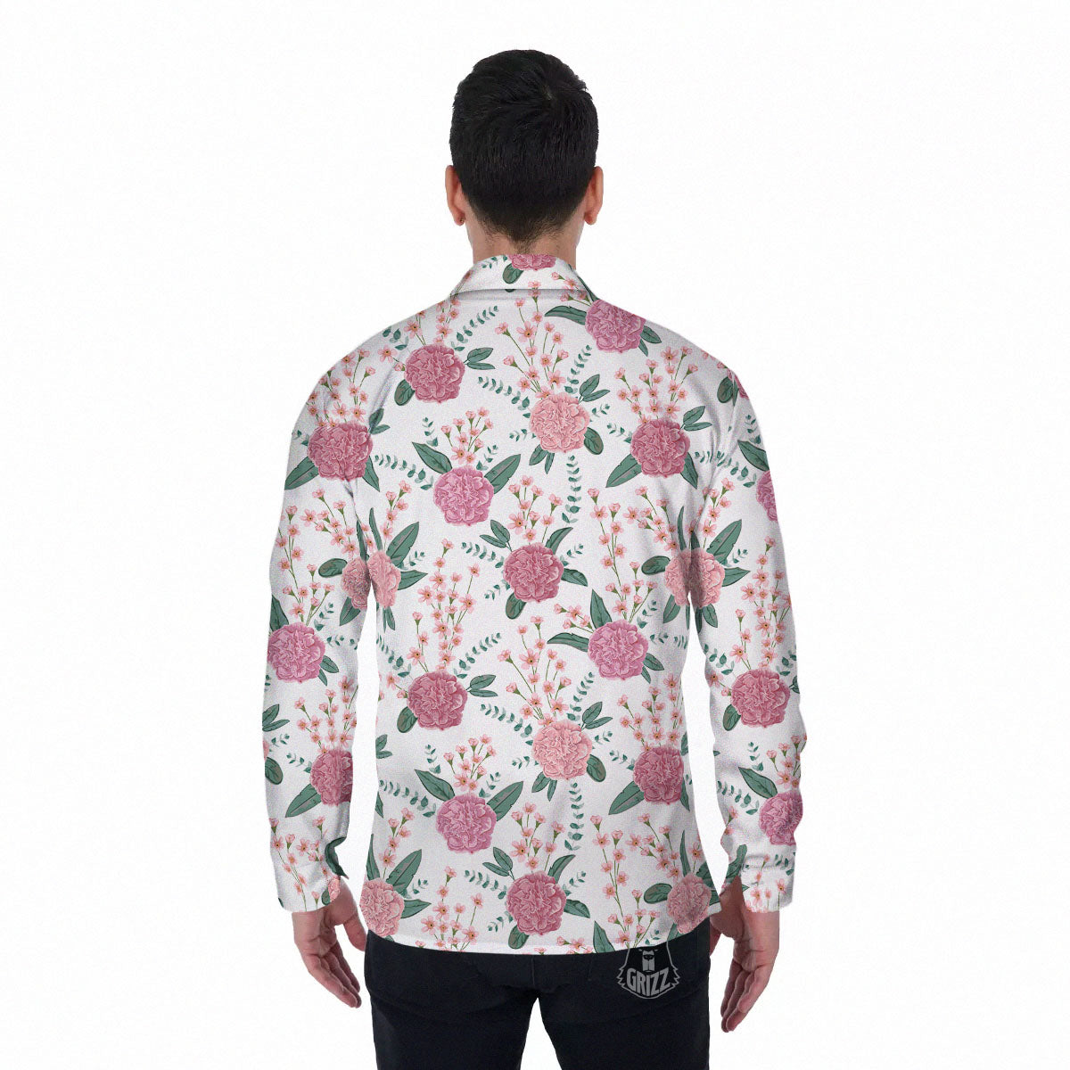 Pink Carnation White Print Pattern Men's Long Sleeve Shirts-grizzshop