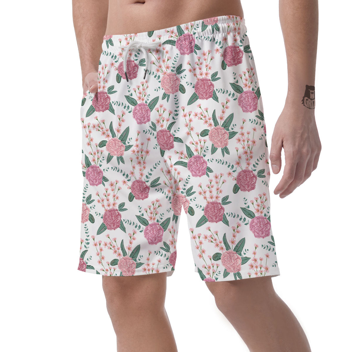 Pink Carnation White Print Pattern Men's Shorts-grizzshop