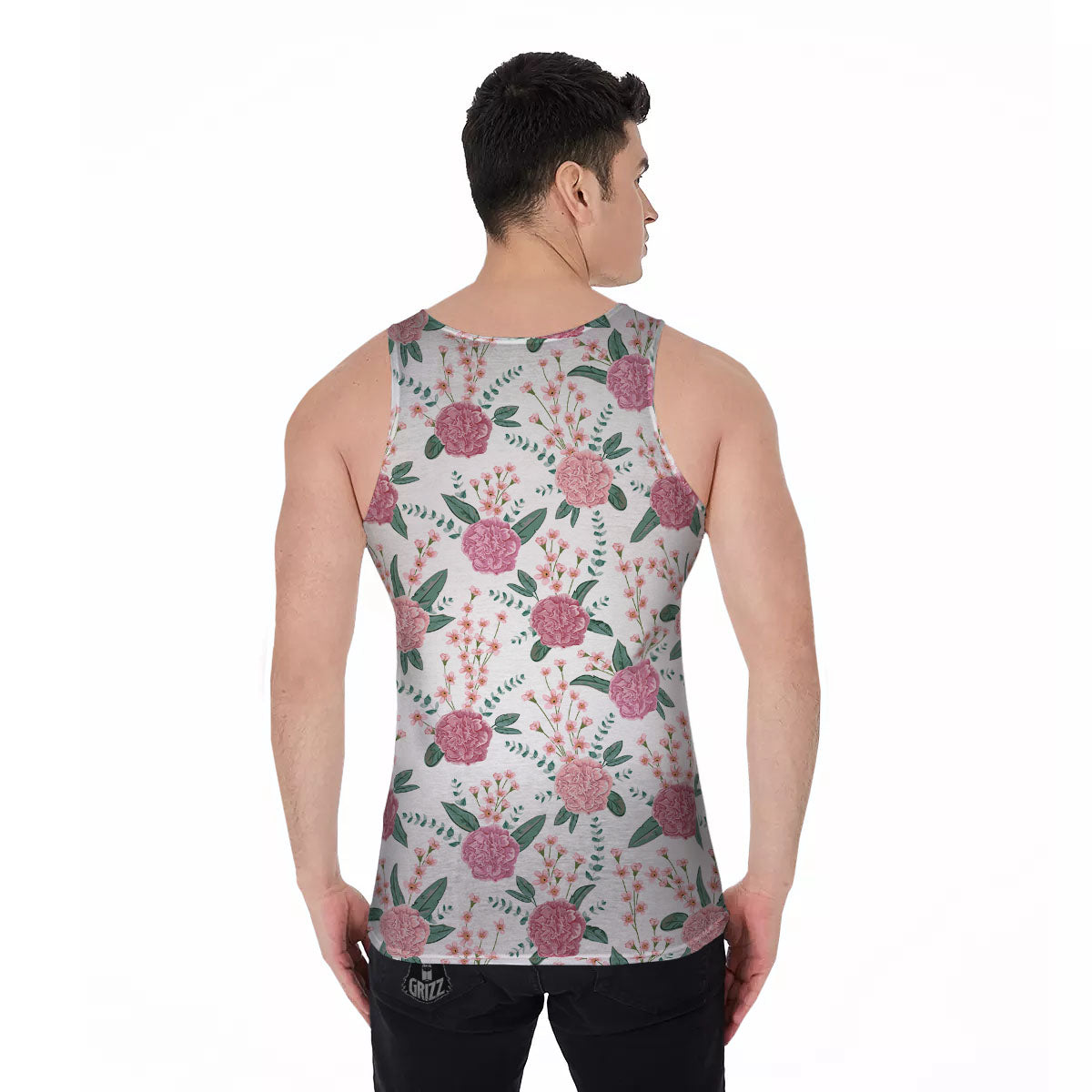 Pink Carnation White Print Pattern Men's Tank Top-grizzshop