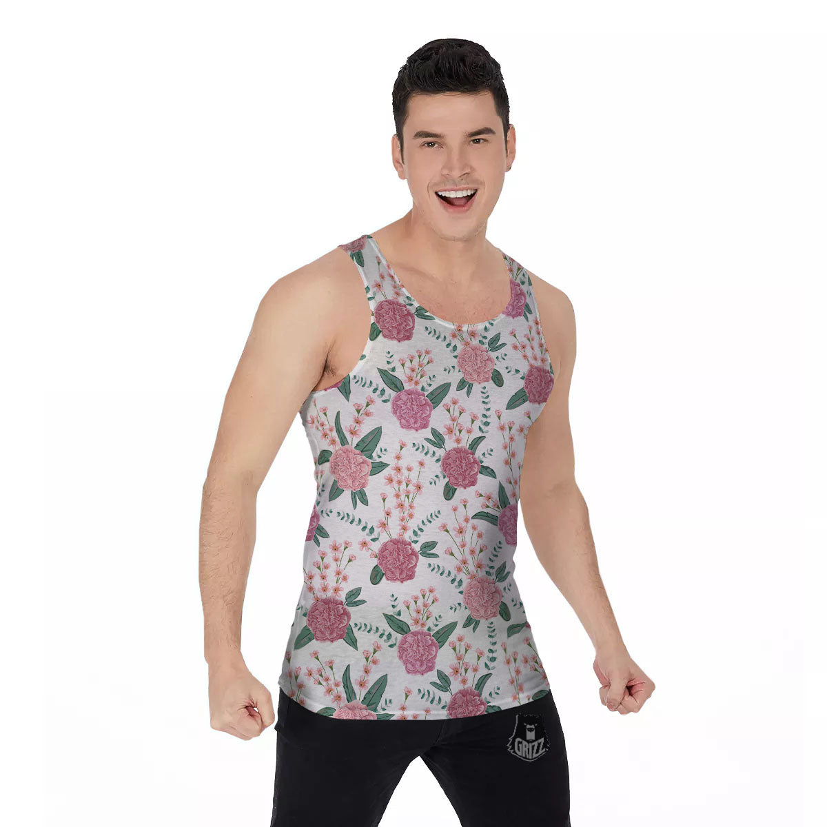 Pink Carnation White Print Pattern Men's Tank Top-grizzshop