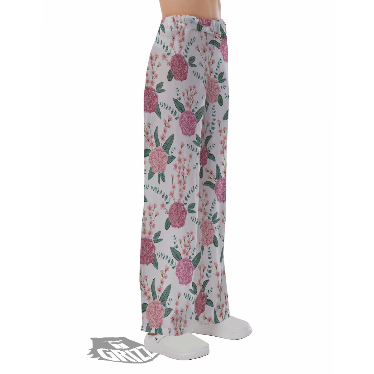 Pink Carnation White Print Pattern Pajama Pants-grizzshop