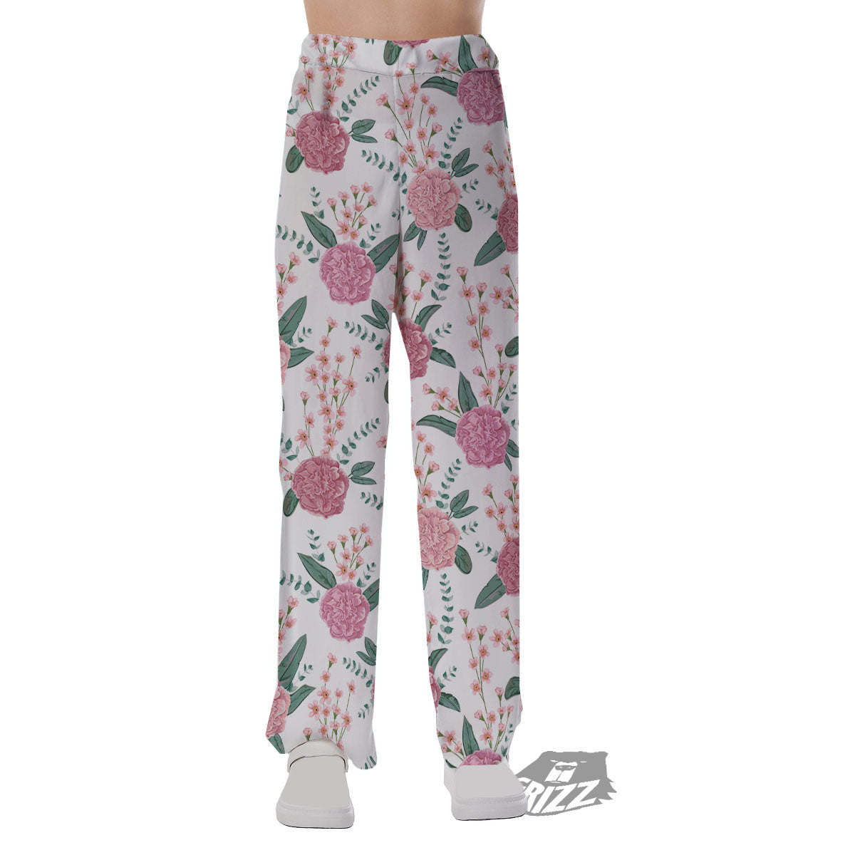 Pink Carnation White Print Pattern Pajama Pants-grizzshop