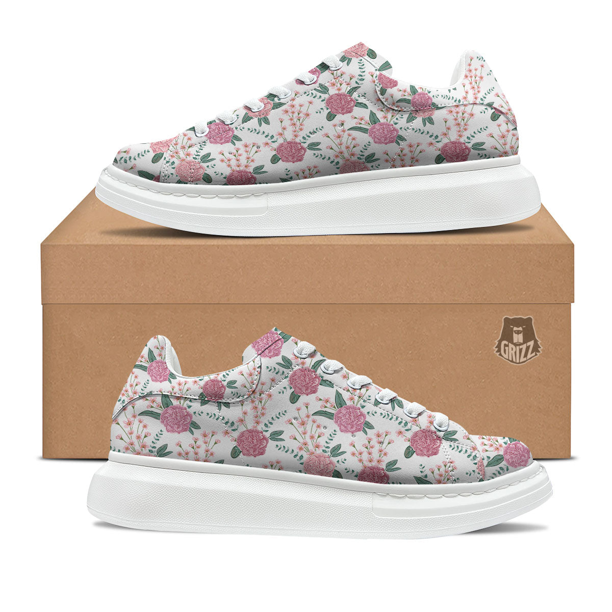 Pink Carnation White Print Pattern Platform Shoes-grizzshop