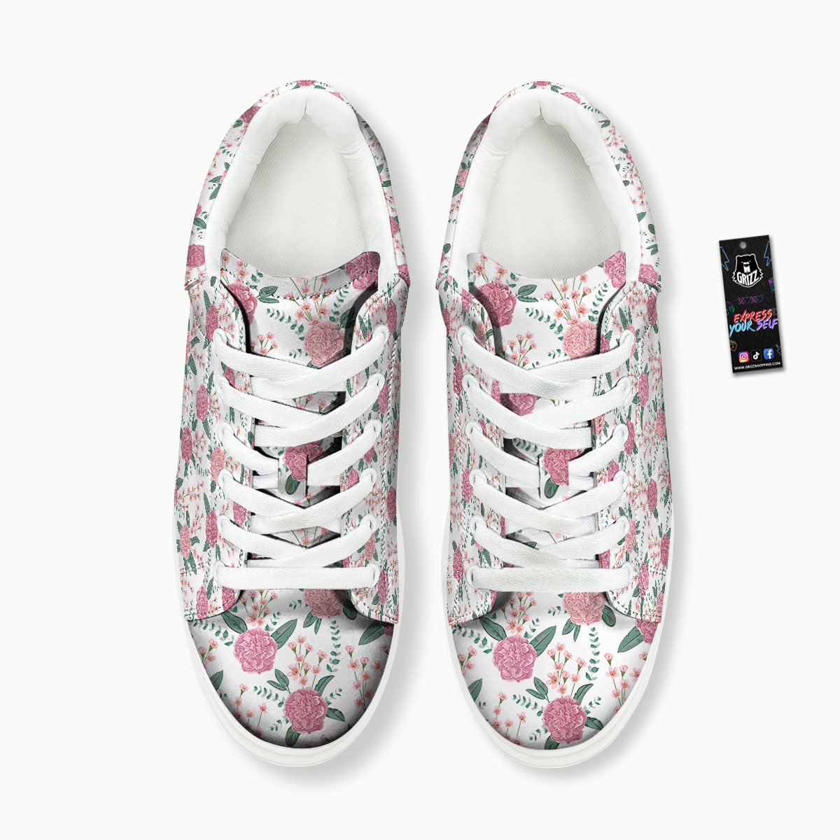 Pink Carnation White Print Pattern Platform Shoes-grizzshop