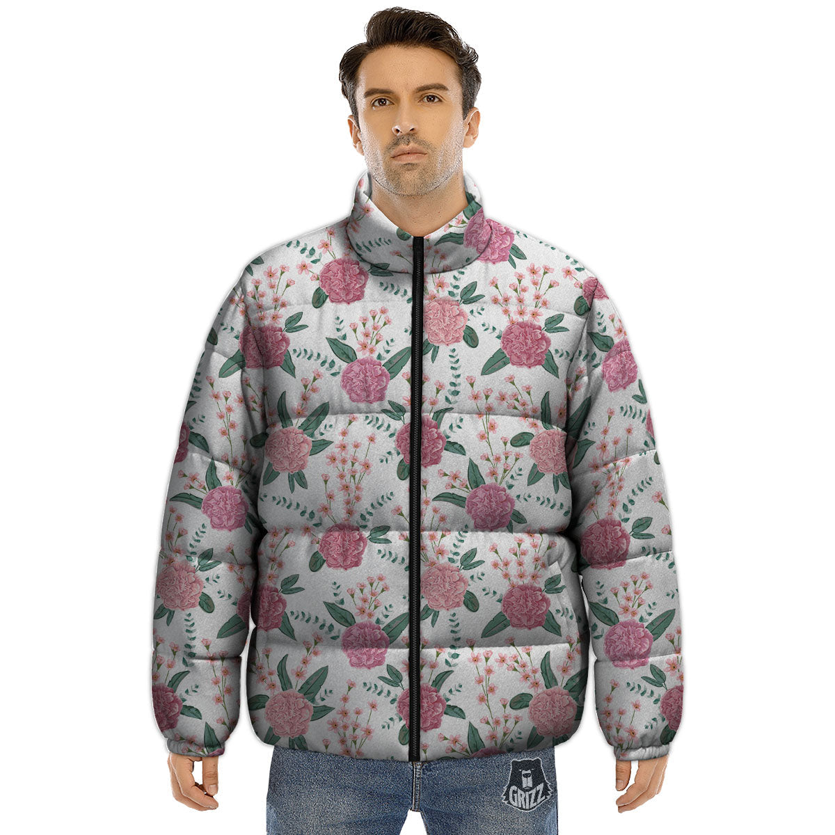 Pink Carnation White Print Pattern Puffer Jacket-grizzshop