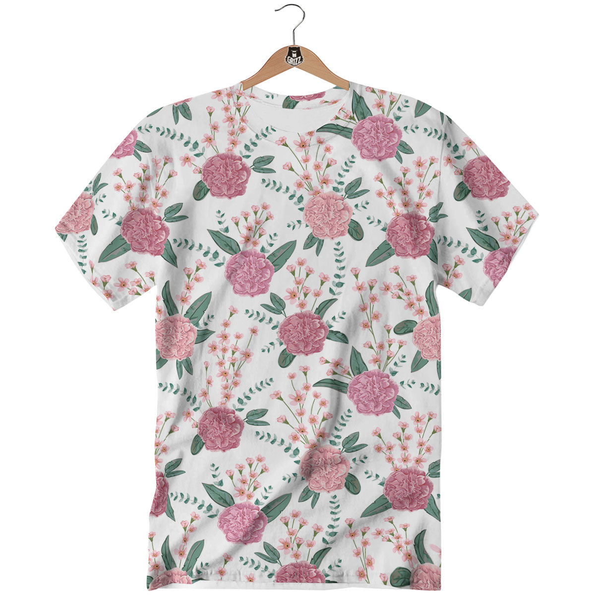 Pink Carnation White Print Pattern T-Shirt-grizzshop