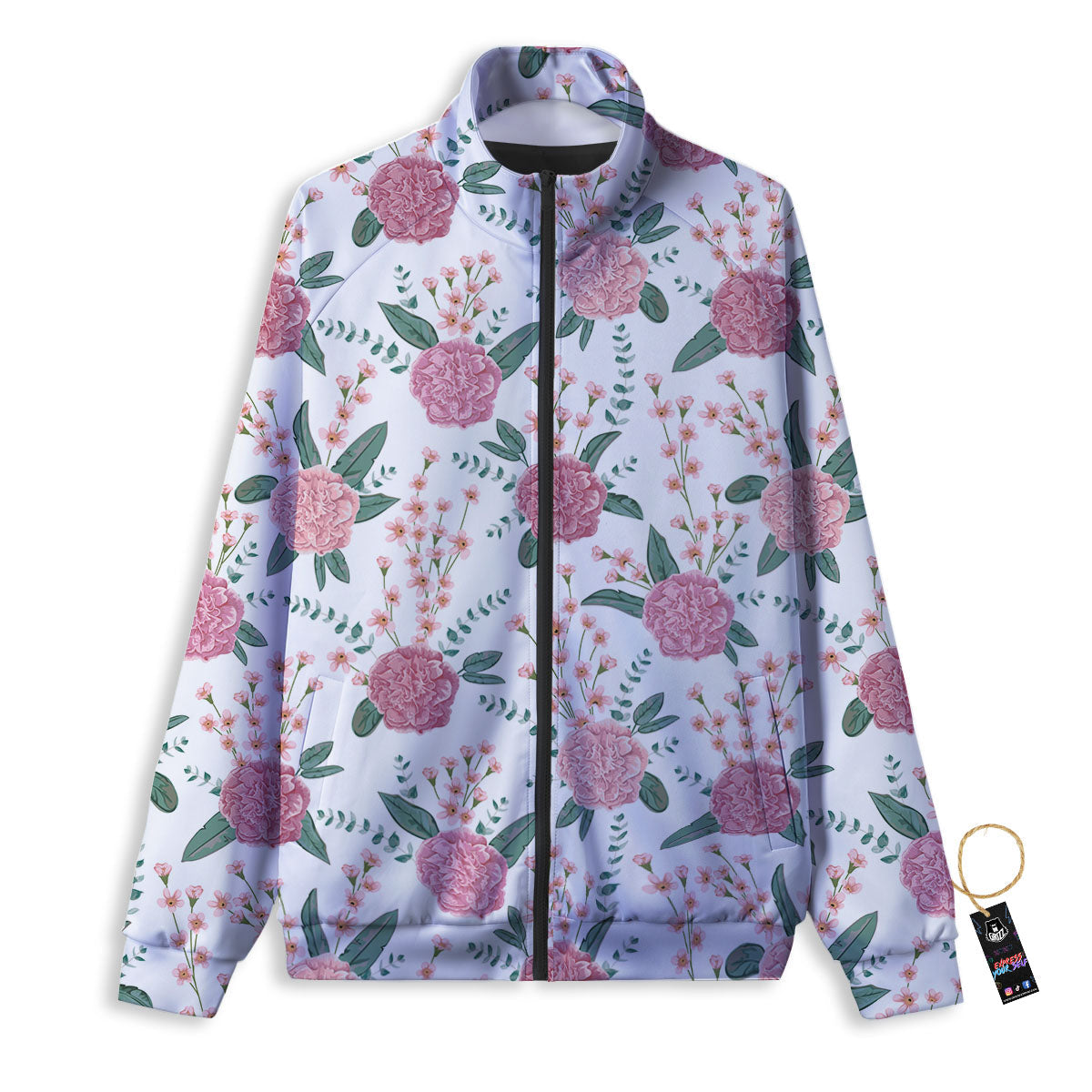 Pink Carnation White Print Pattern Track Jacket-grizzshop