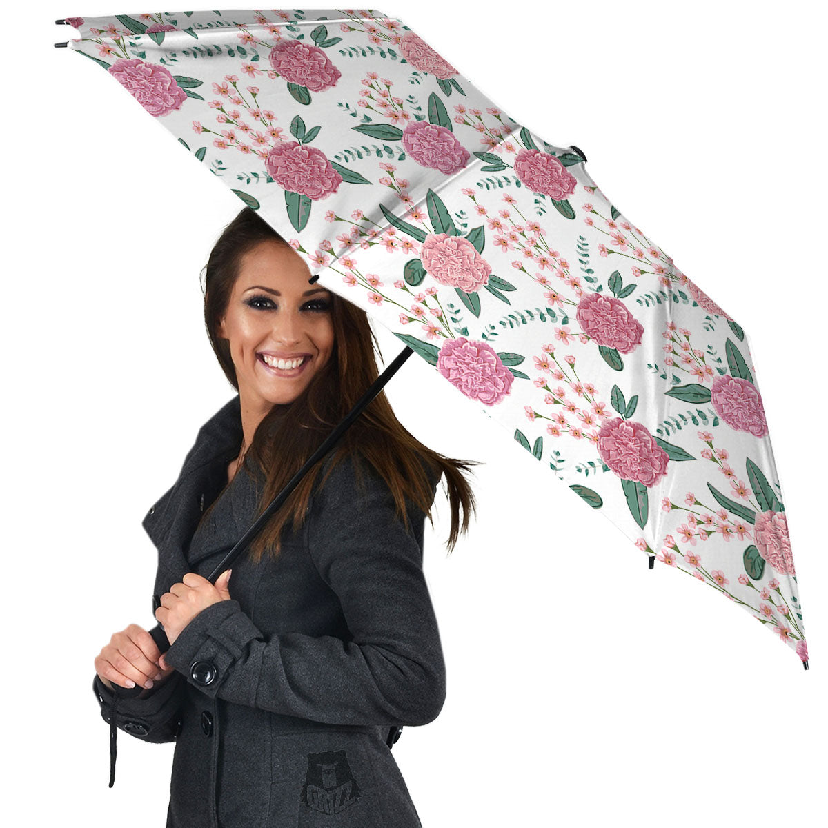 Pink Carnation White Print Pattern Umbrella-grizzshop