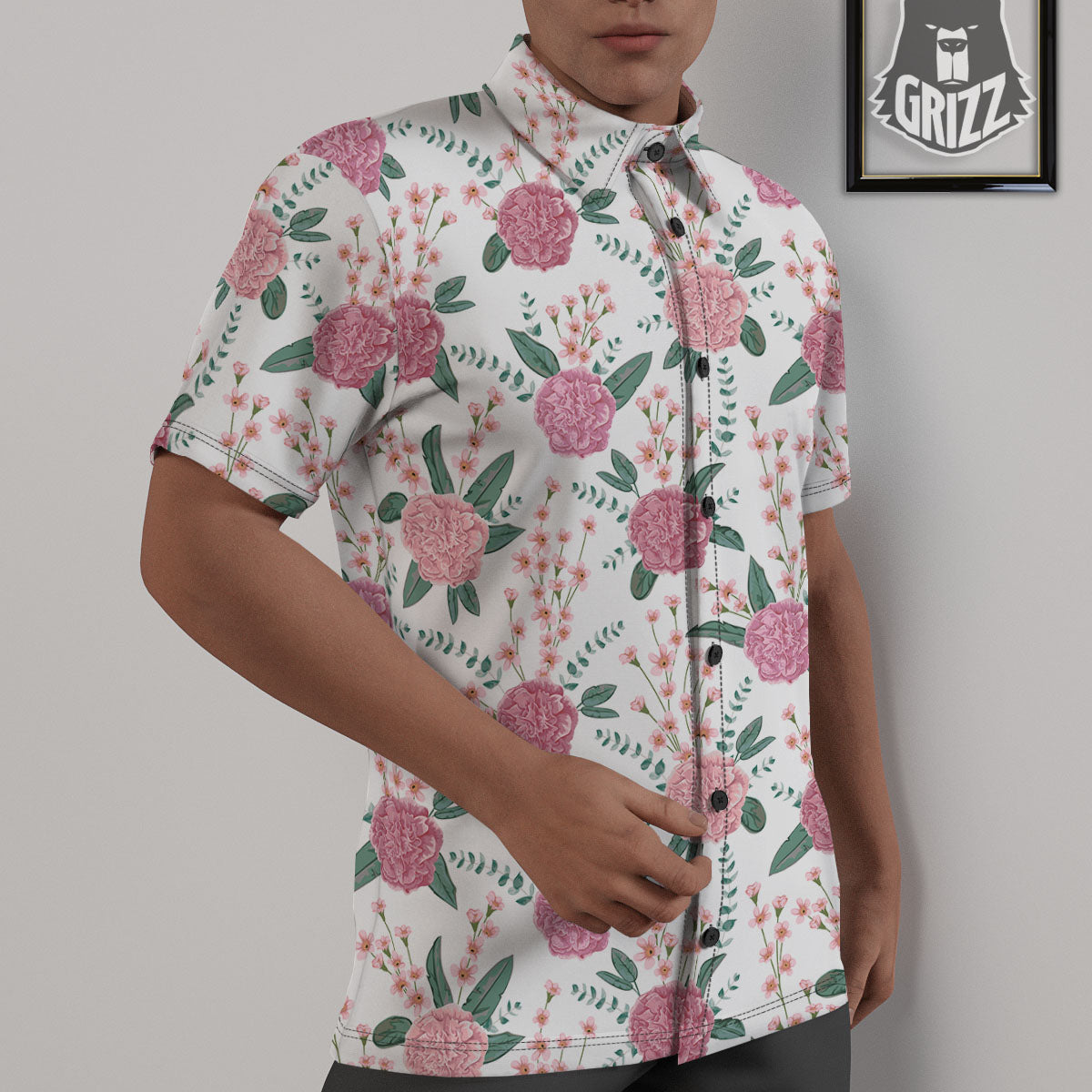 Pink Carnation White Print Pattern Untucked Shirts-grizzshop