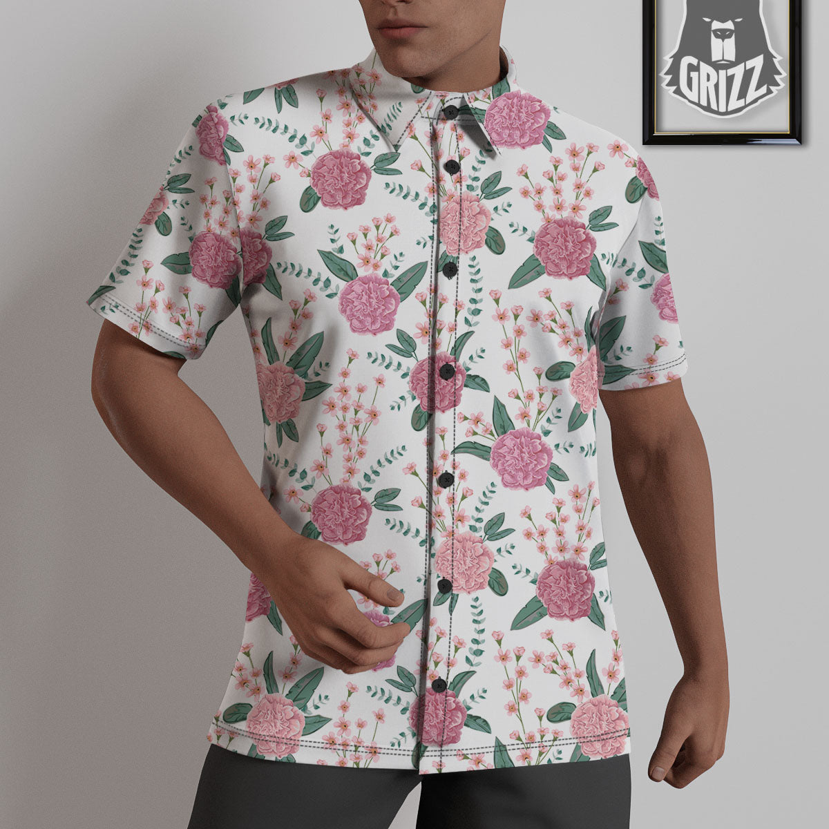 Pink Carnation White Print Pattern Untucked Shirts-grizzshop