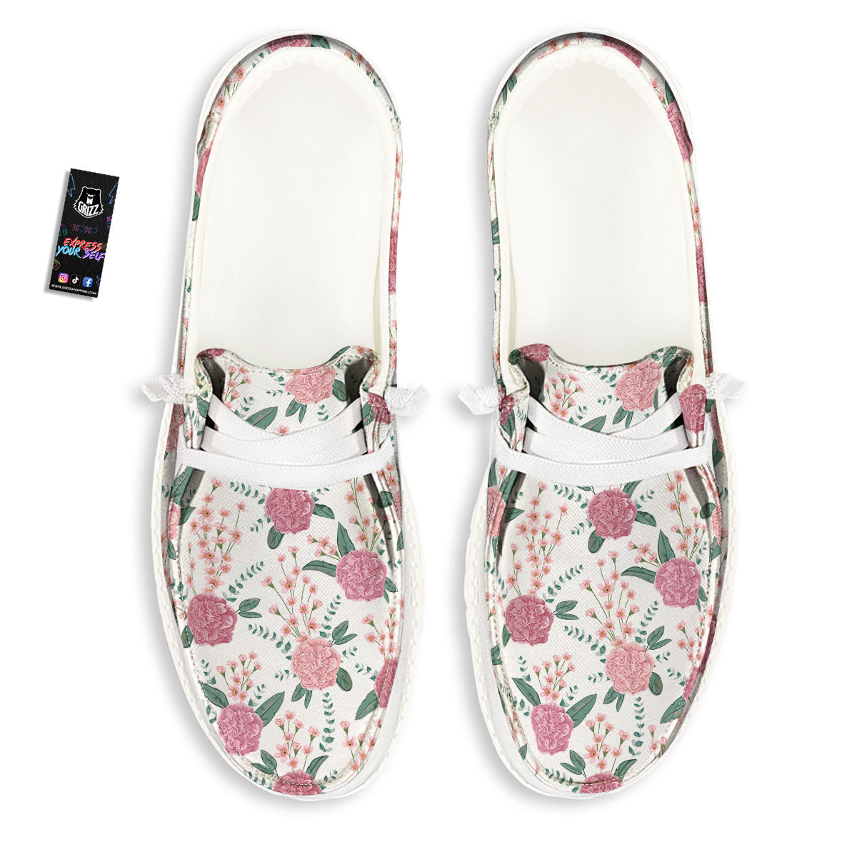 Pink Carnation White Print Pattern White Loafers-grizzshop